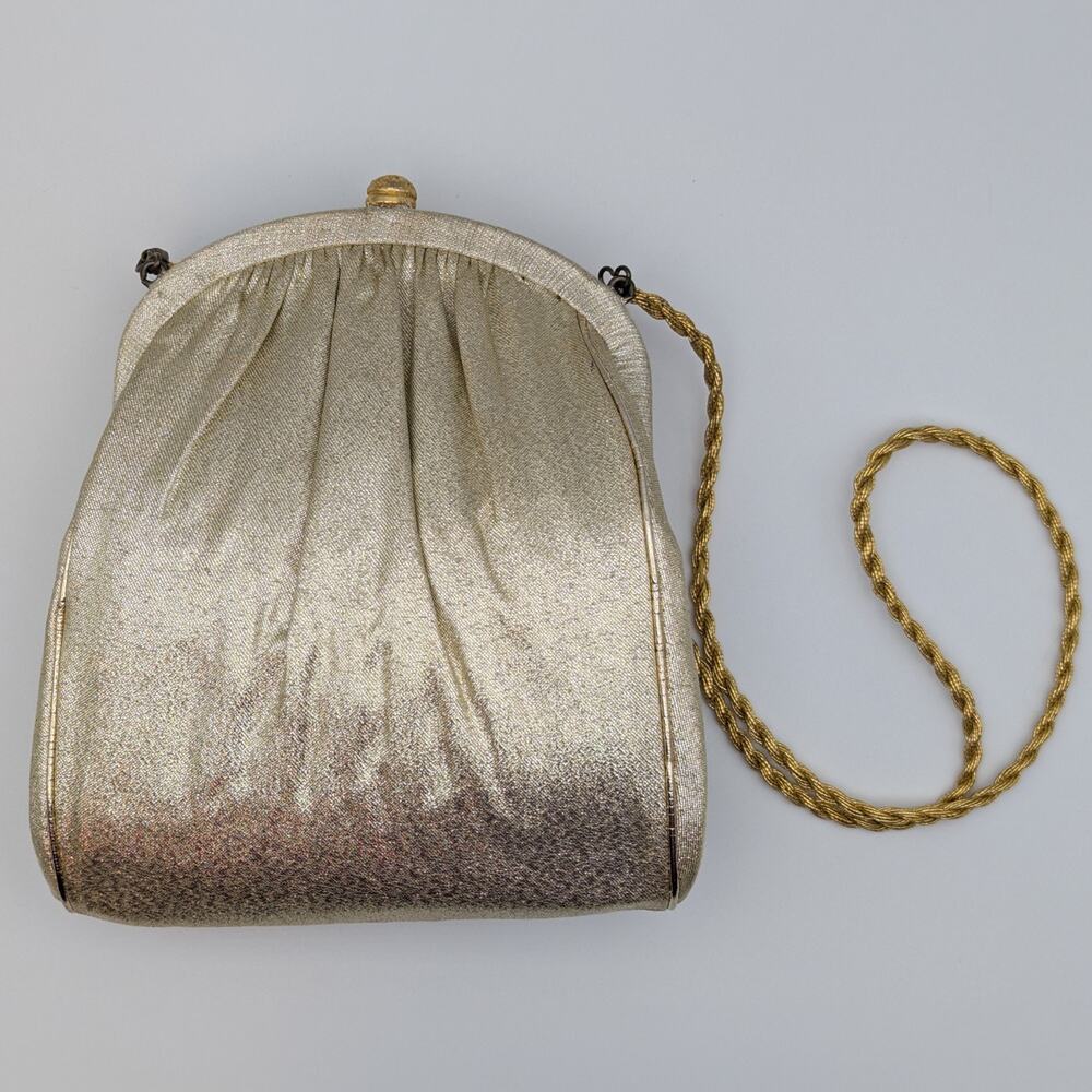 💜1950s Gold Lamé Evening Bag Rhinestone Kiss Clasp